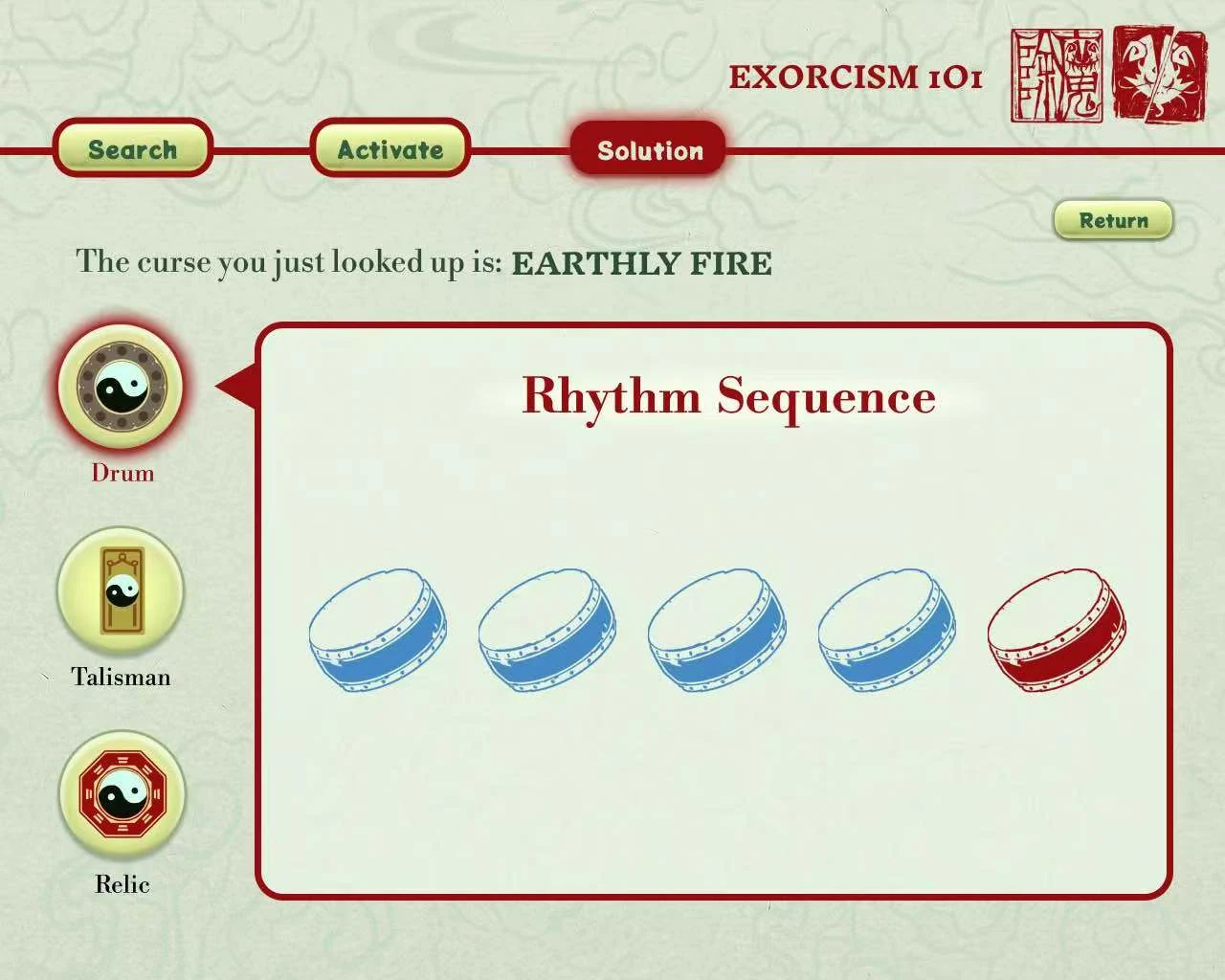 Original Database solution screen with Drum, Talisman, and Relic options