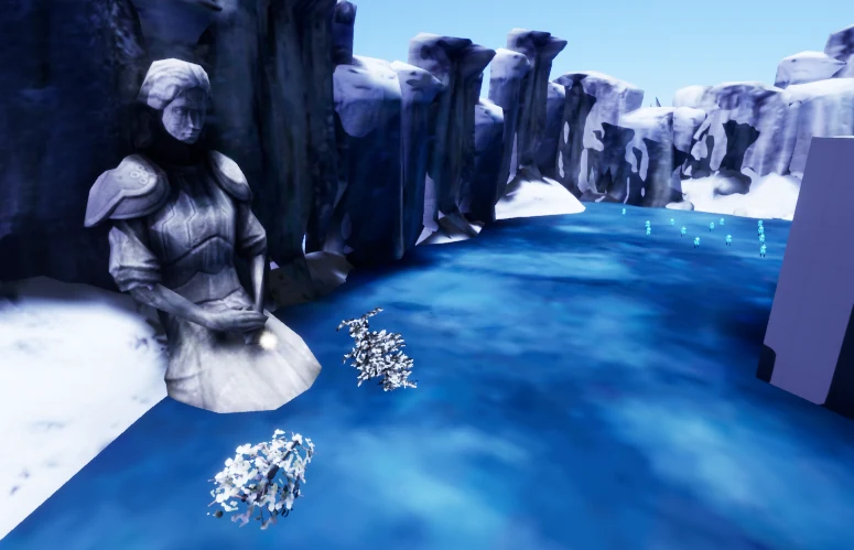 The frozen lake opens a new space beneath the bridge.